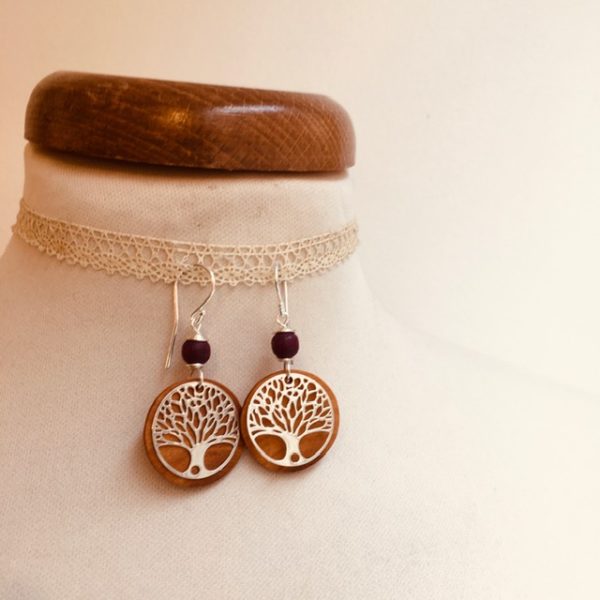 boucles d'oreilles bois argenté arbre de vie perle violet Rootsabaga bijoux naturels lyon